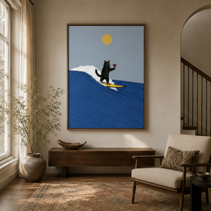 Surfing cat coastal wall art displayed in a modern entryway with arched doorway and warm decor