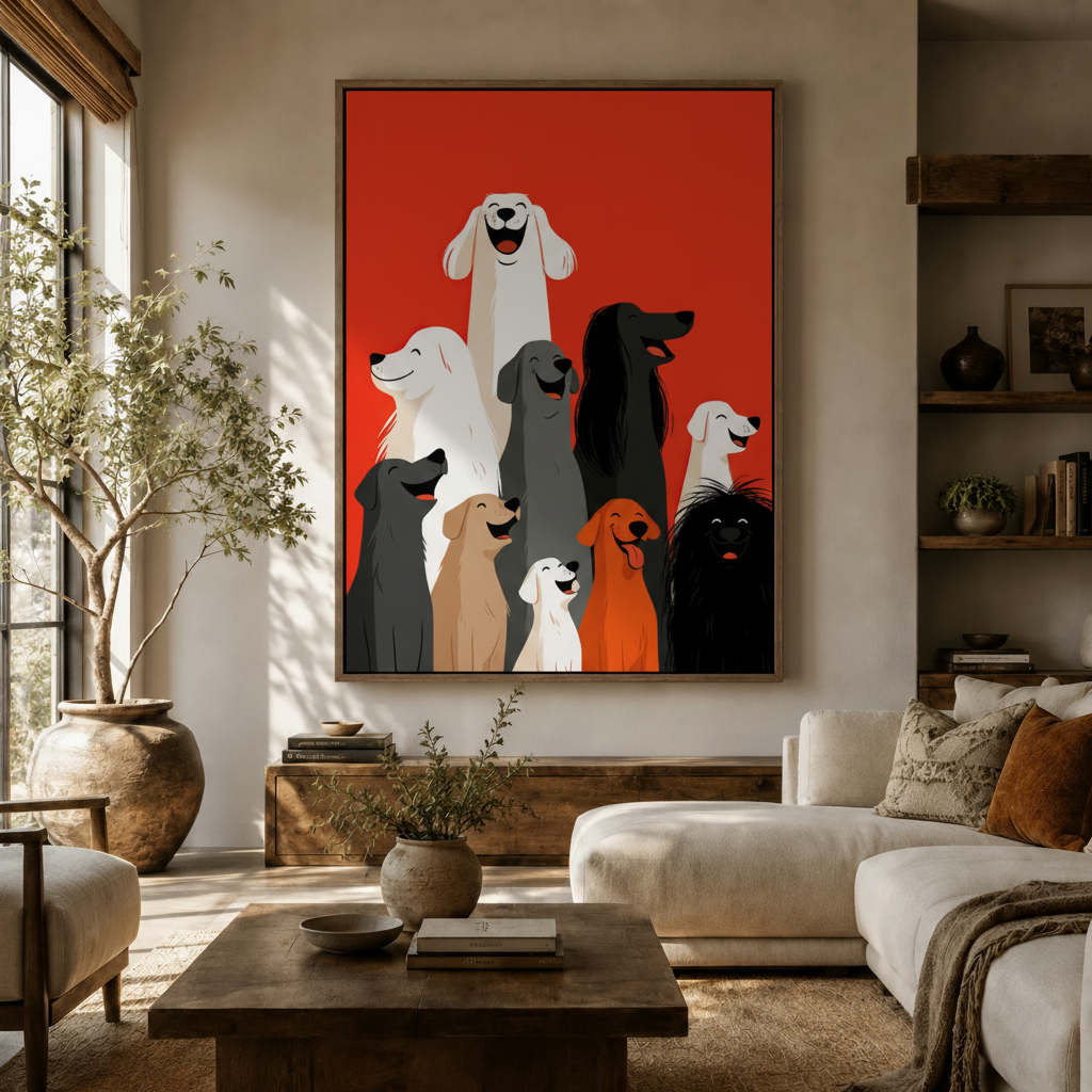 Colorful dog gang canvas print on red background hanging in a warm living room above a wooden sideboard
