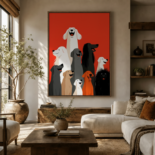 Colorful dog gang canvas print on red background hanging in a warm living room above a wooden sideboard