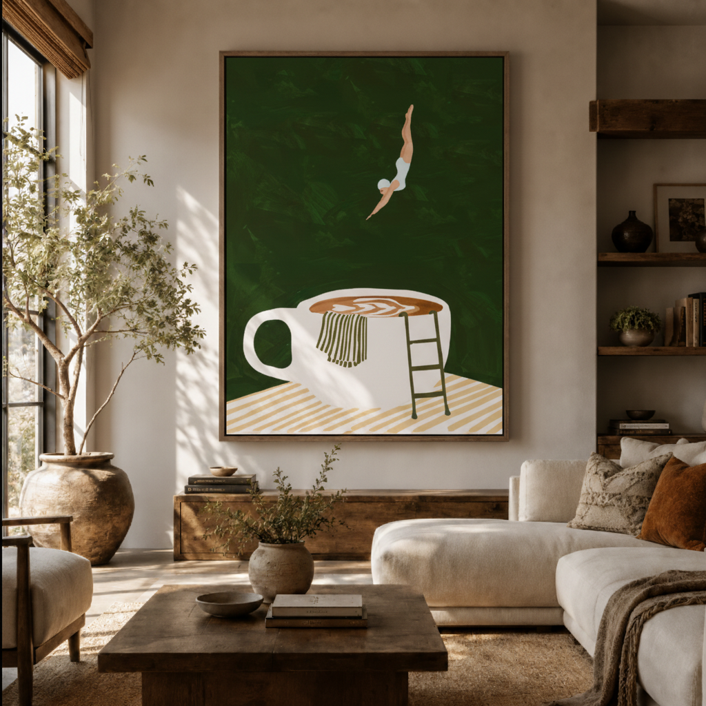 Coffee dive minimalist canvas wall art in living room – funny green illustration with figure diving into oversized mug above sofa by Aurewall