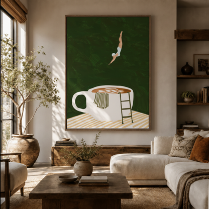 Coffee dive minimalist canvas wall art in living room – funny green illustration with figure diving into oversized mug above sofa by Aurewall