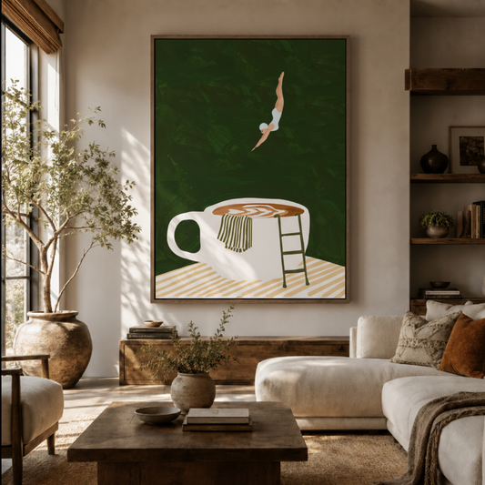 Coffee dive minimalist canvas wall art in living room – funny green illustration with figure diving into oversized mug above sofa by Aurewall