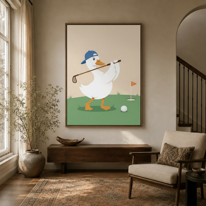 Cute duck playing golf canvas art hanging in a bright transitional entryway with arched doorway and staircase