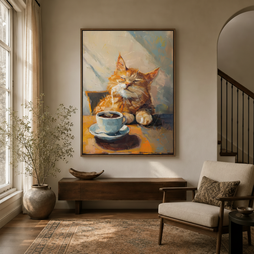 Cozy cat with coffee cup wall art displayed in an entryway with dried branch decor and arched doorway