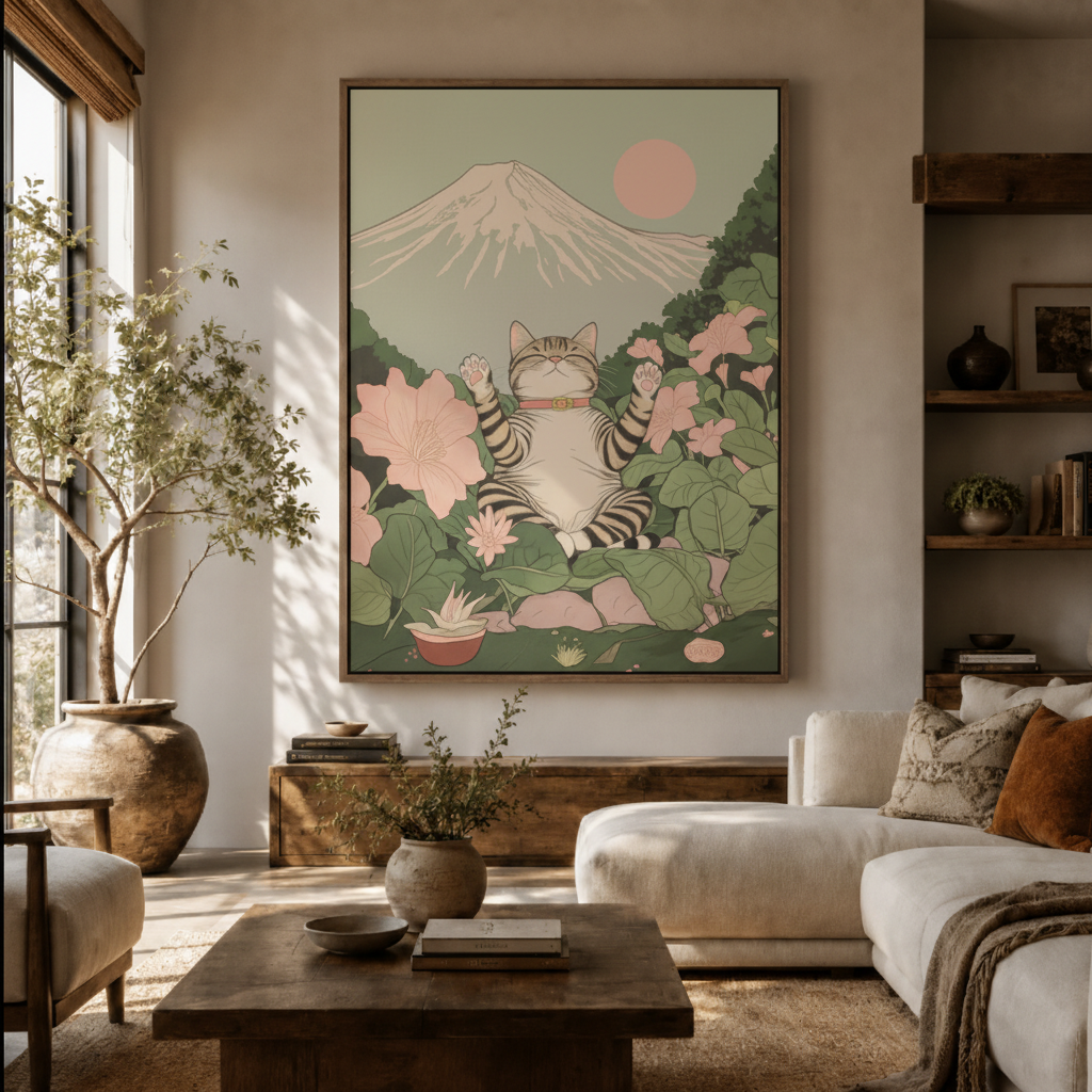 Japanese Mount Fuji canvas wall art in living room – zen ukiyo-e illustration with cherry blossoms and cranes displayed above sofa by Aurewall