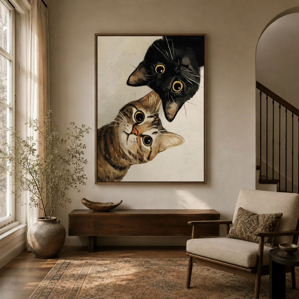 Black and tabby cat wall art canvas displayed in a bright entryway with arched doorway