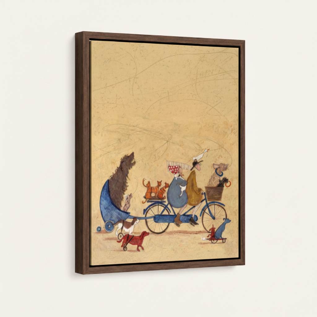 Animal bicycle ride framed canvas wall art – vintage whimsical illustration with bear duck and dog riding bicycle on warm cream background by Aurewall