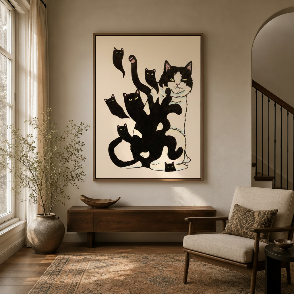 Framed whimsical cat canvas wall art with six black cats, hanging in a bright entryway with arched doorway