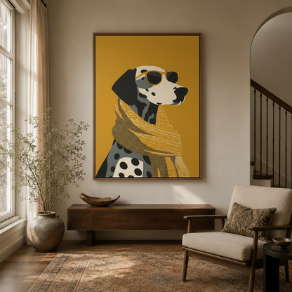 Minimalist Dalmatian dog scarf canvas wall art hanging in modern farmhouse entryway with arched doorway