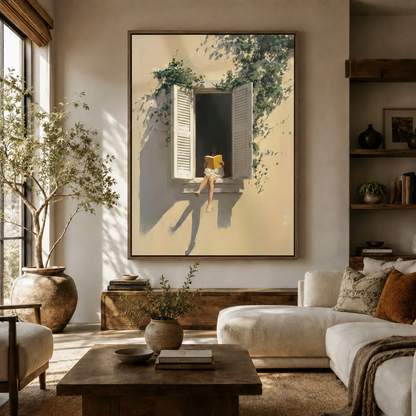 Serene reading girl canvas print hanging in warm living room with natural light
