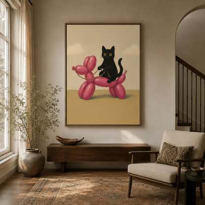 Black cat balloon dog wall art in dark walnut float frame hanging in a bright modern entryway foyer