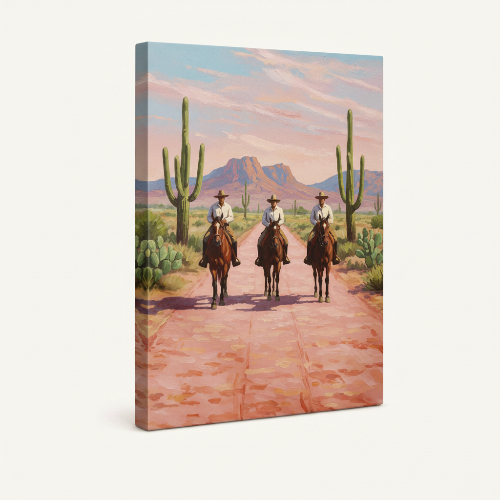 Stretched canvas western cowboy painting side view on warm cream background