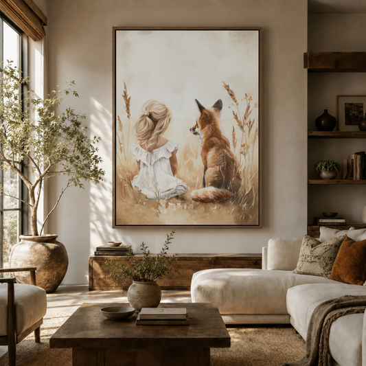 Dreamy watercolor fox girl canvas print hanging in living room with soft natural light