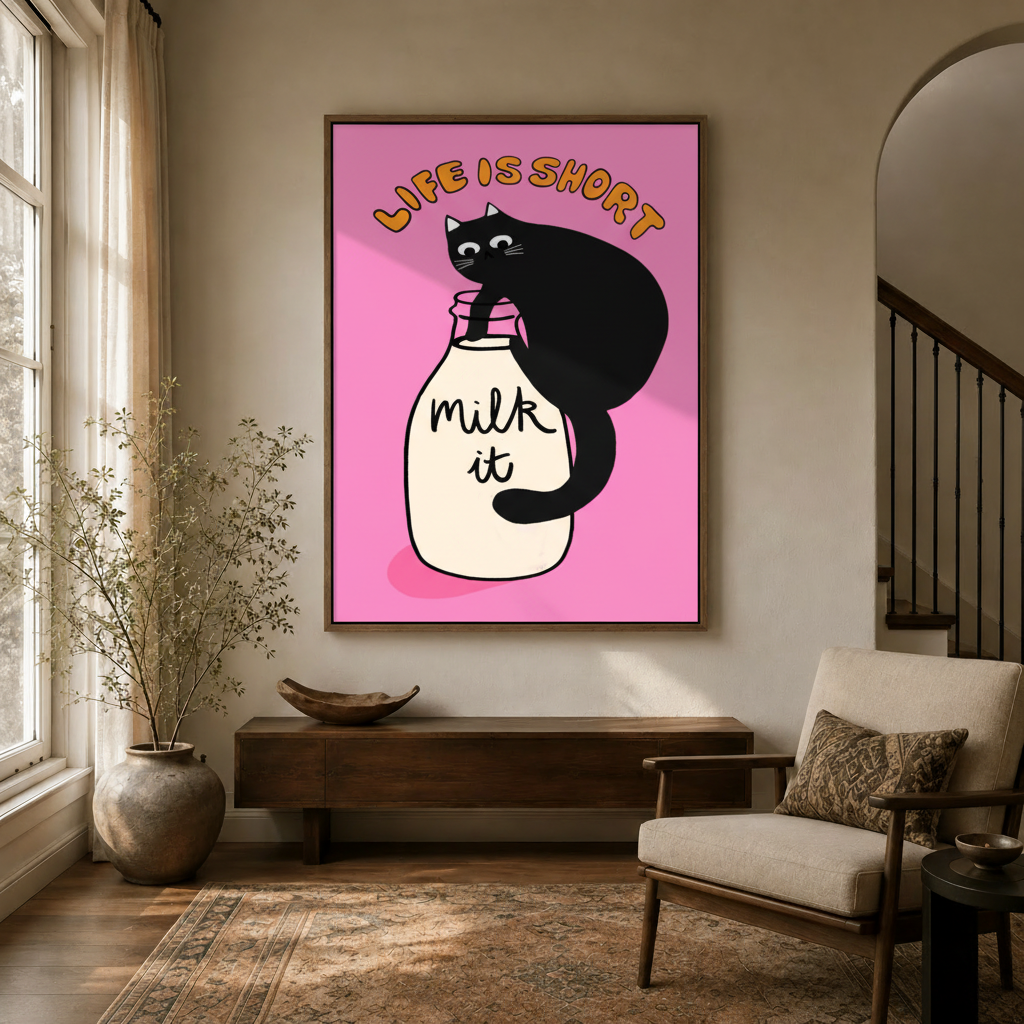 Life Is Short black cat milk bottle wall art hanging in a bright transitional entryway