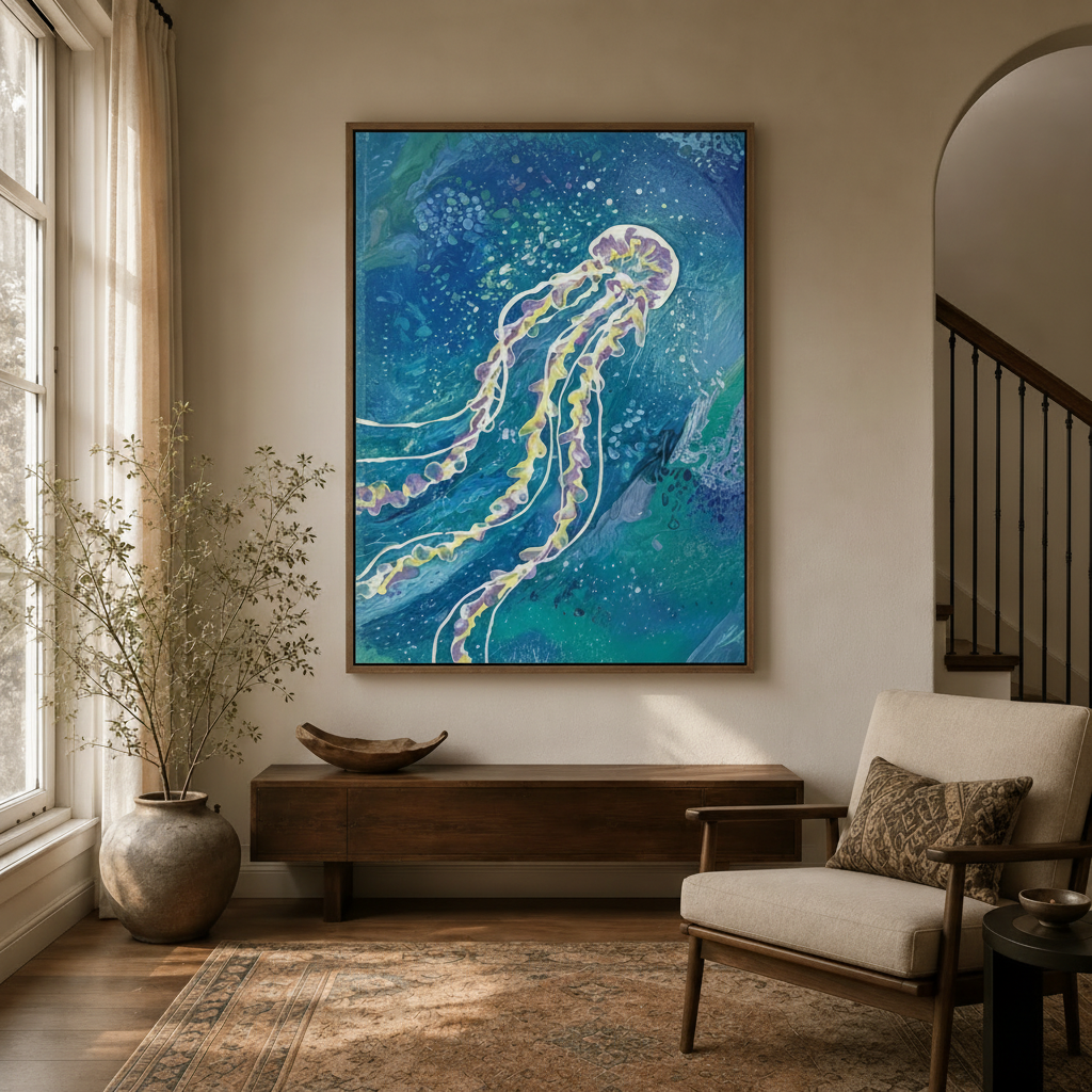  Fluid acrylic jellyfish canvas print in floating frame displayed in a cozy entryway hallway