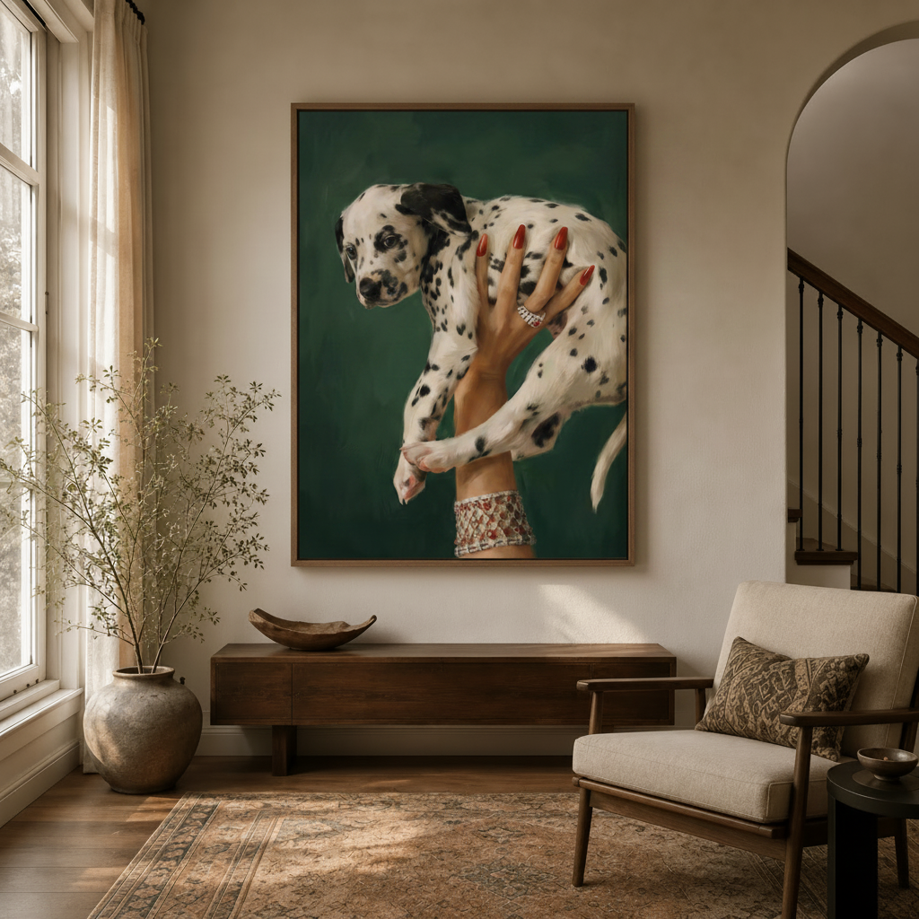 Framed Dalmatian puppy wall art hanging in a modern entryway with staircase and console table