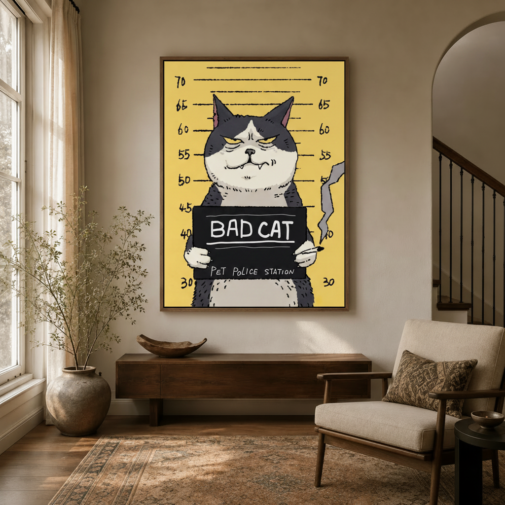 Funny tuxedo cat police lineup illustration hanging in neutral entryway with arched doorway
