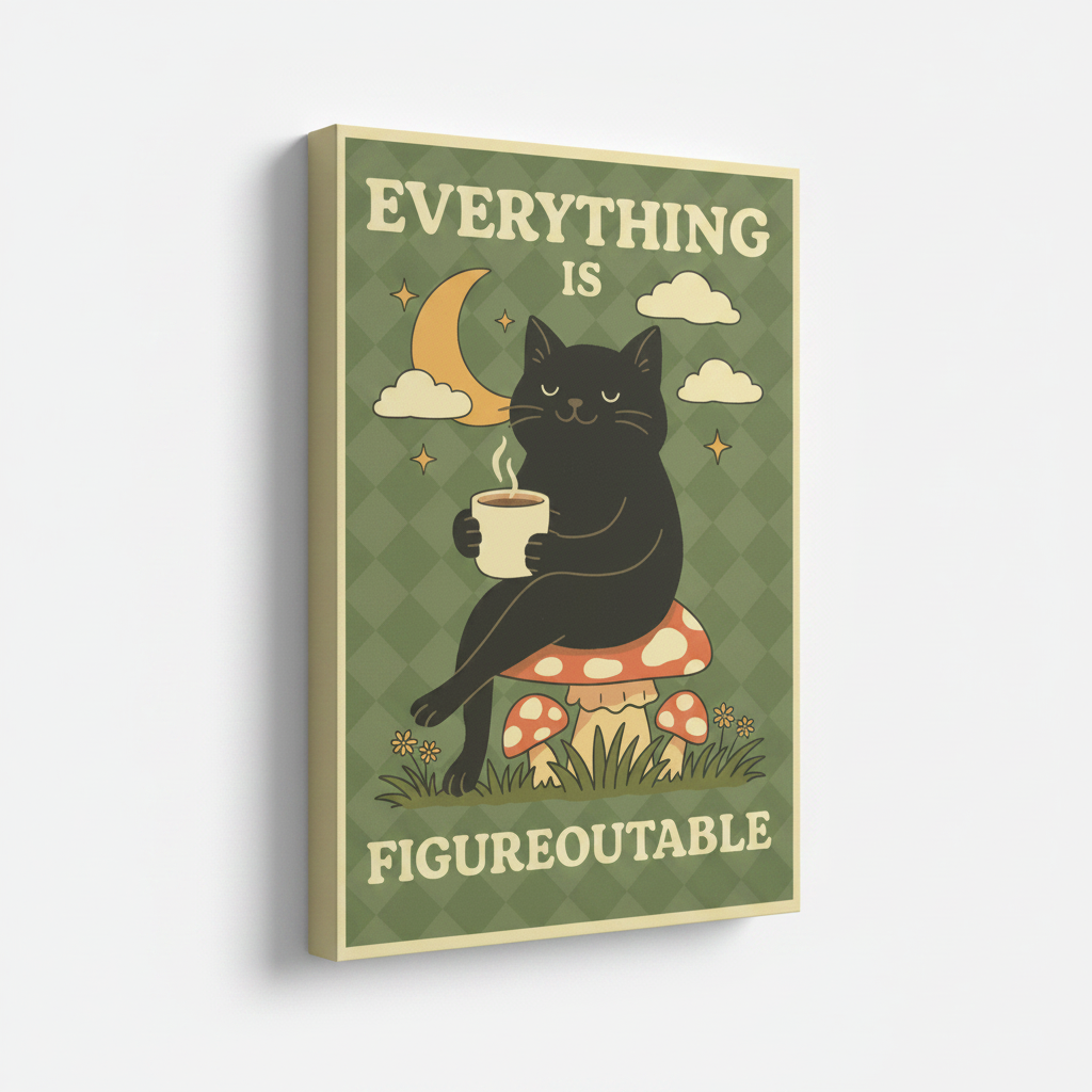 Retro black cat mushroom motivational stretched canvas print – unframed boho poster with black cat on mushrooms holding coffee cup on vintage green background by Aurewall