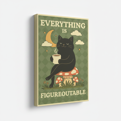 Retro black cat mushroom motivational stretched canvas print – unframed boho poster with black cat on mushrooms holding coffee cup on vintage green background by Aurewall