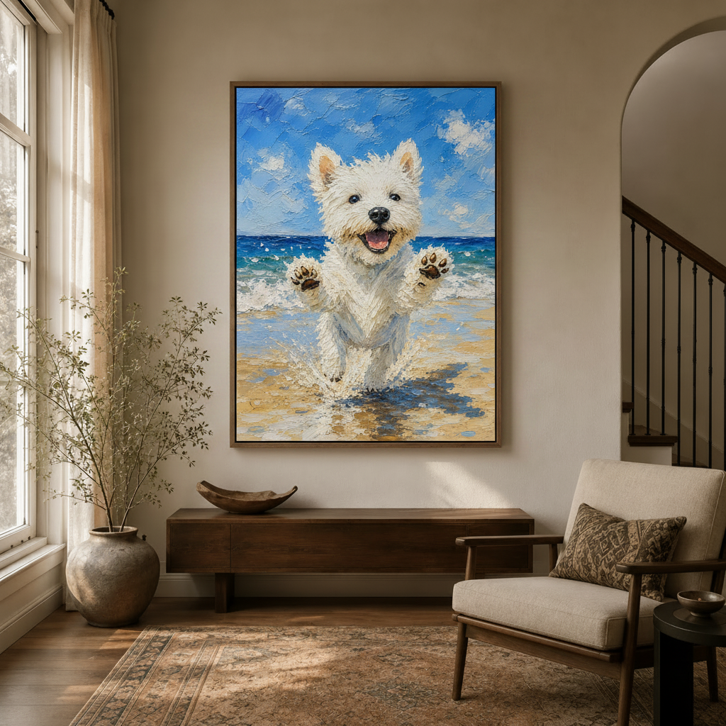 Framed Westie beach canvas art hanging in a bright entryway with arched doorway and console table