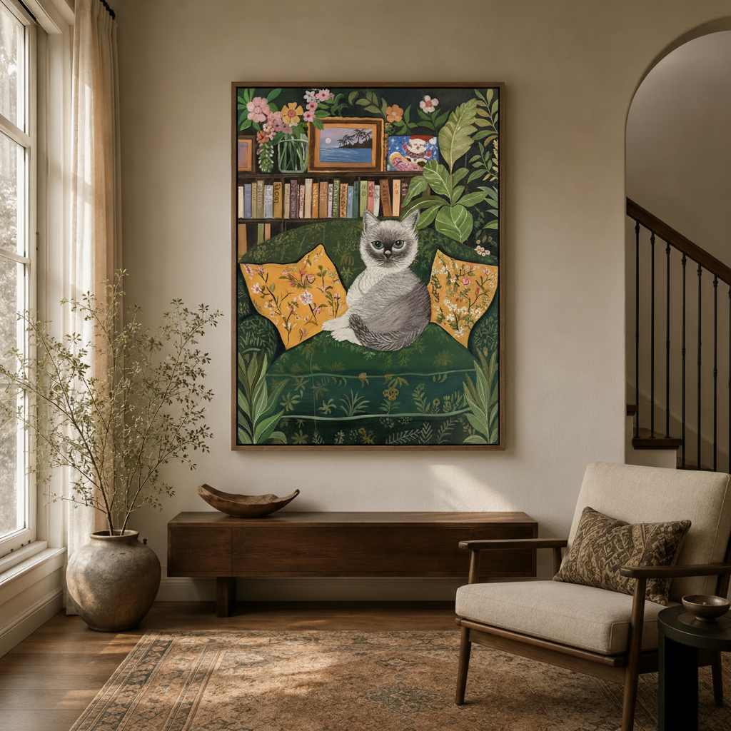 Botanical cat wall art in a neutral entryway with arched doorway and linen armchair