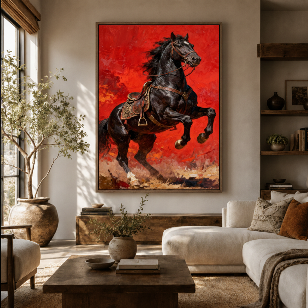 Black horse red sky canvas wall art in living room – bold oil painting with rearing black stallion and crimson sky as powerful statement piece by Aurewall
