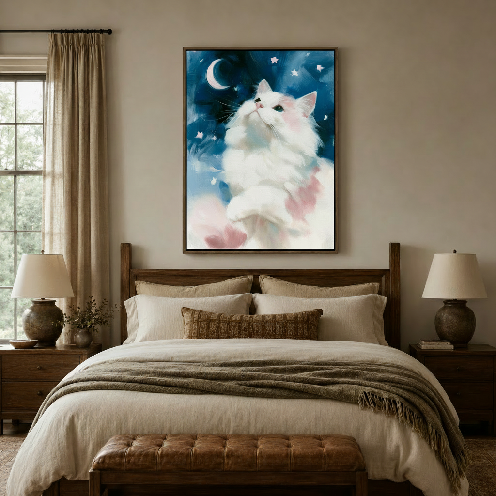 White cat night sky canvas print in dark walnut float frame above bedroom headboard