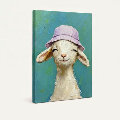 Gallery wrap canvas of smiling baby goat in purple bucket hat shown at angle on white background