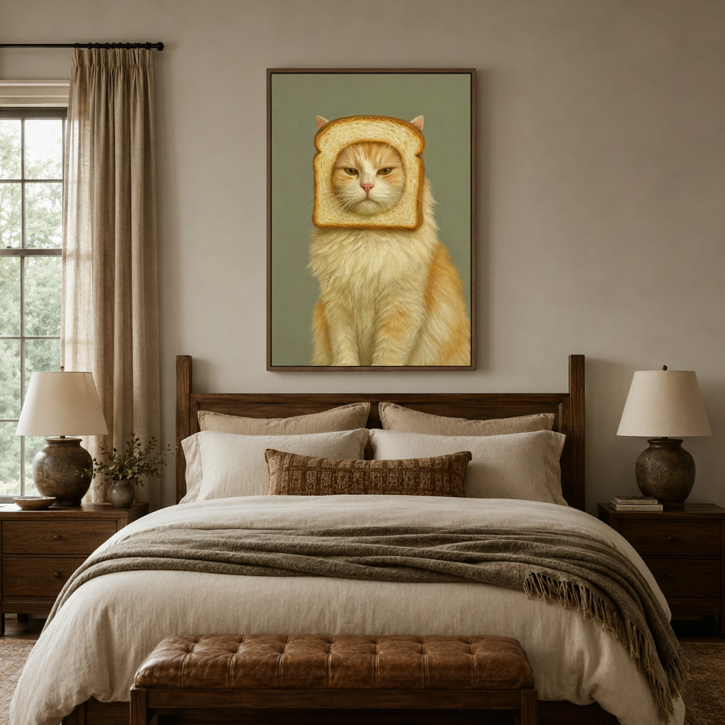 Hyperrealistic bread cat canvas print above dark walnut bed in cozy neutral bedroom