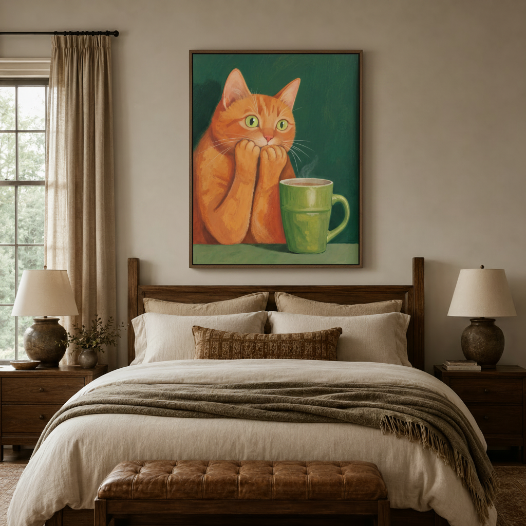 Wide-eyed cat canvas art above a wooden bed frame in a warm beige bedroom with linen bedding