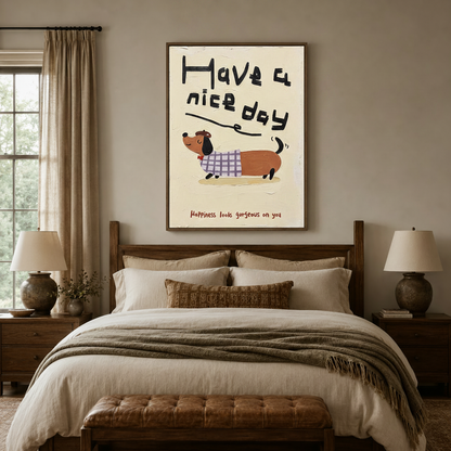 Charming dachshund canvas print above wooden bed frame in warm neutral bedroom