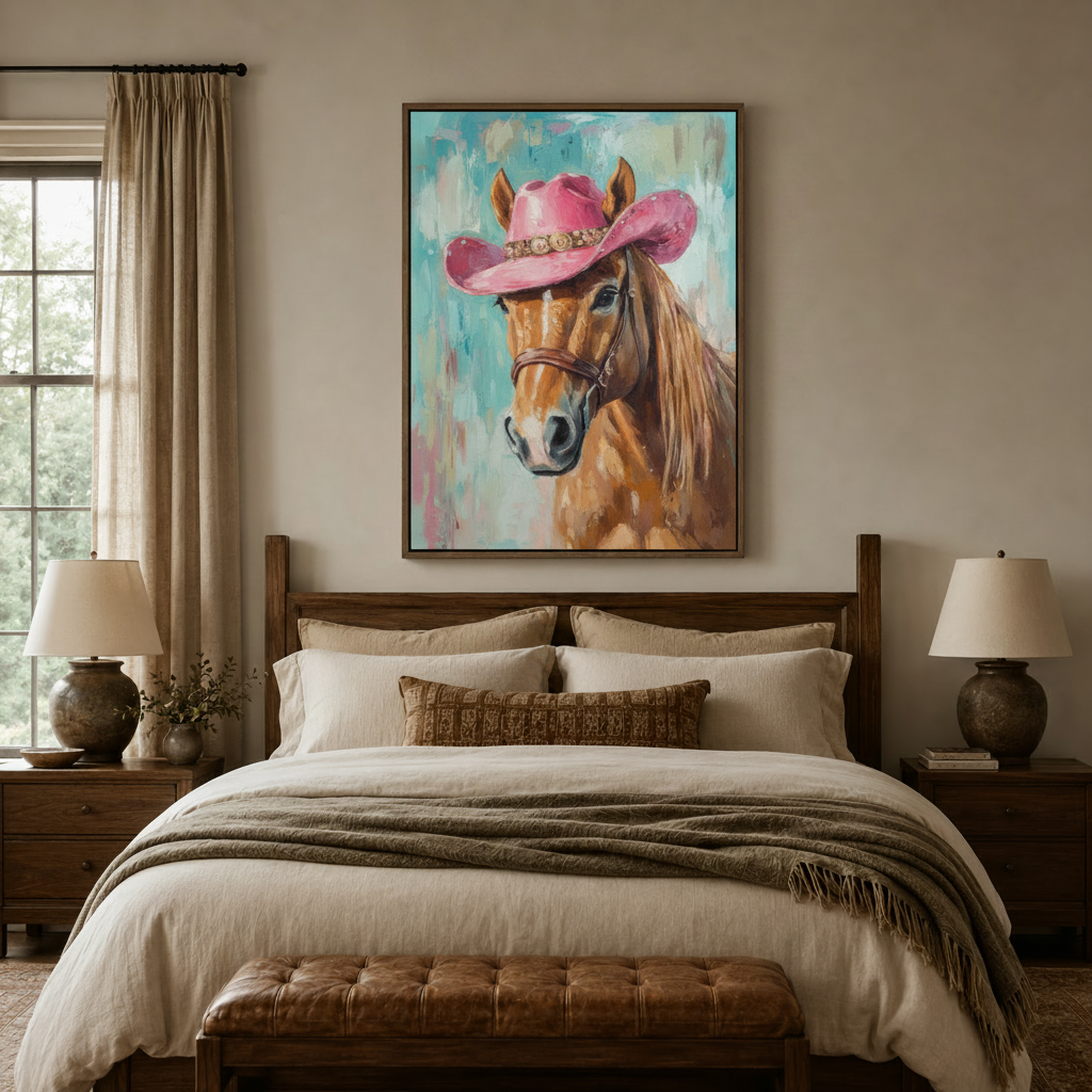 Impasto cowgirl horse canvas wall art above a dark wood bed frame in a warm neutral bedroom