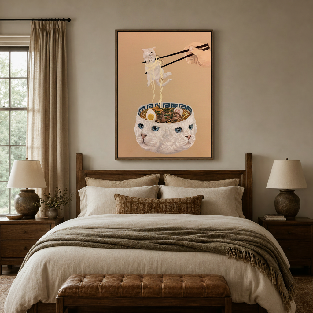 Cat ramen whimsical canvas art above a bed in a cozy neutral bedroom