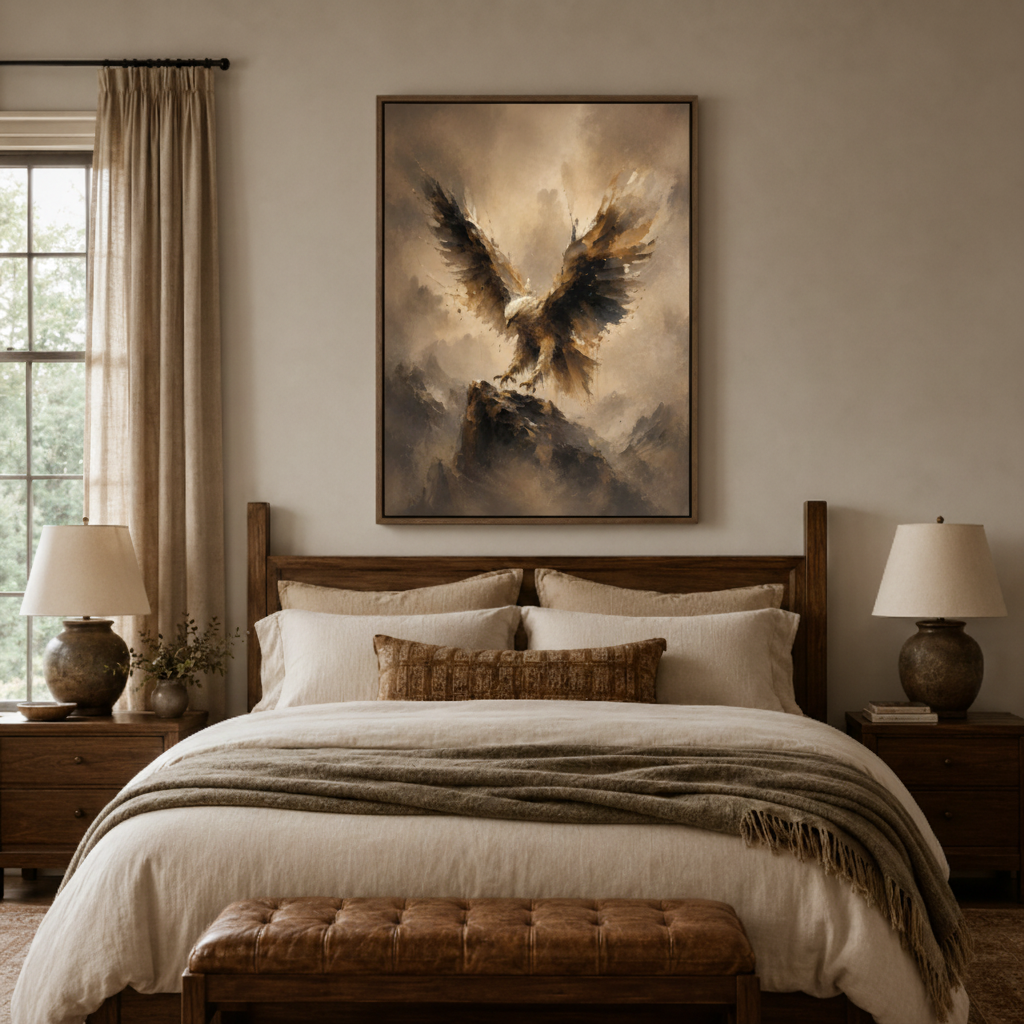 Eagle soaring canvas wall art bedroom detail – close-up of majestic realist oil painting showing eagle wing feathers and dramatic warm golden light by Aurewall