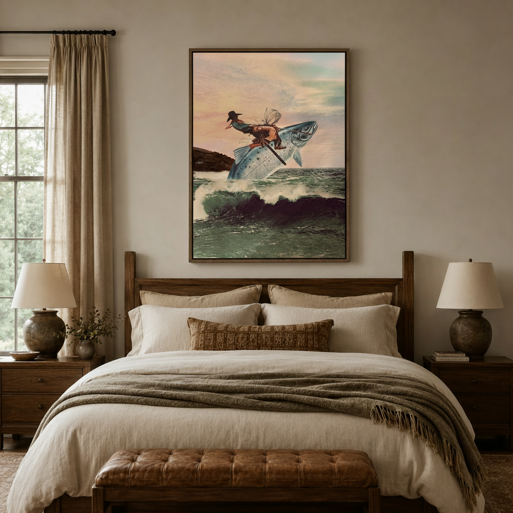 Framed surrealist ocean wall art with float frame gap detail in a neutral bedroom above the headboard