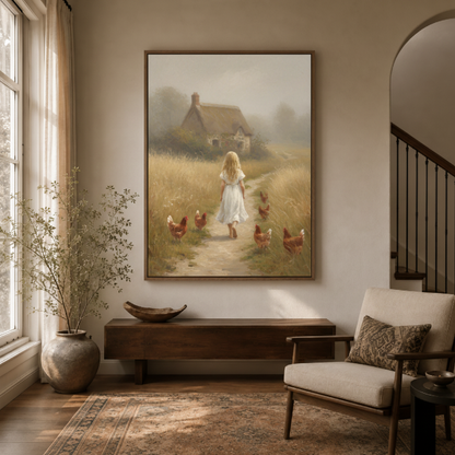 Farmhouse girl chickens rustic canvas wall art in entryway – soft oil painting with country girl on golden meadow path as warm welcoming hallway piece by Aurewall