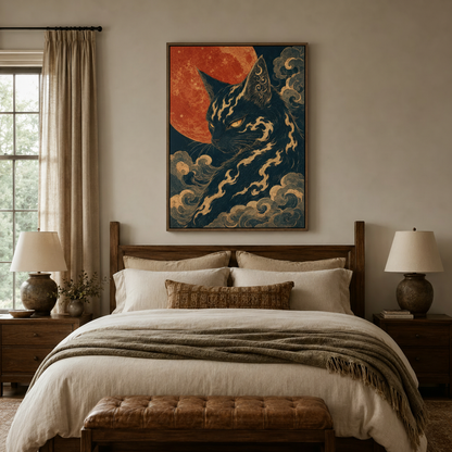 Mystical black cat wall art with golden flames above a wooden bed in a cozy neutral bedroom