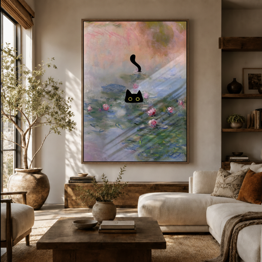 Black cat Monet garden canvas wall art in living room – impressionist oil painting with black cat and water lilies displayed as dreamy statement piece above sofa by Aurewall
