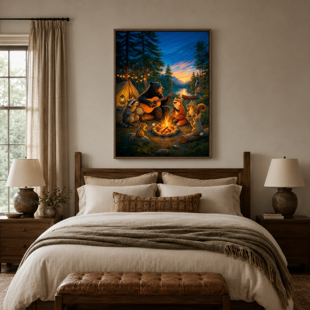 Forest animals campfire canvas wall art bedroom detail – close-up of whimsical illustration showing woodland creatures fairy lights and warm campfire glow by Aurewall
