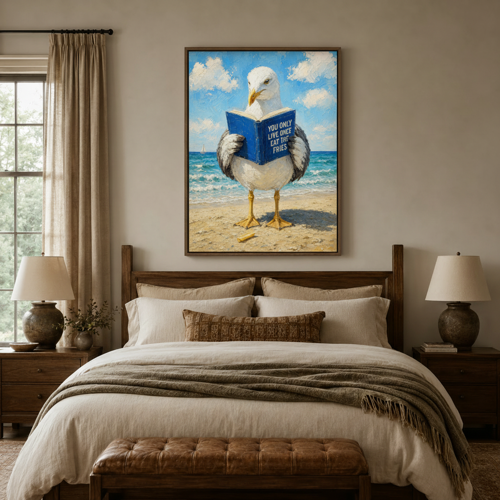 Humorous seagull reading wall art hung above a bed in a cozy coastal-style bedroom