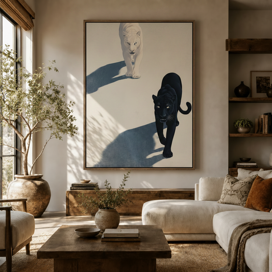 Minimalist black white panther canvas print displayed above sofa in warm modern living room