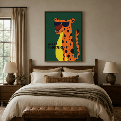 Hello Leopard retro graphic canvas in walnut frame centered above bed in bedroom interior
