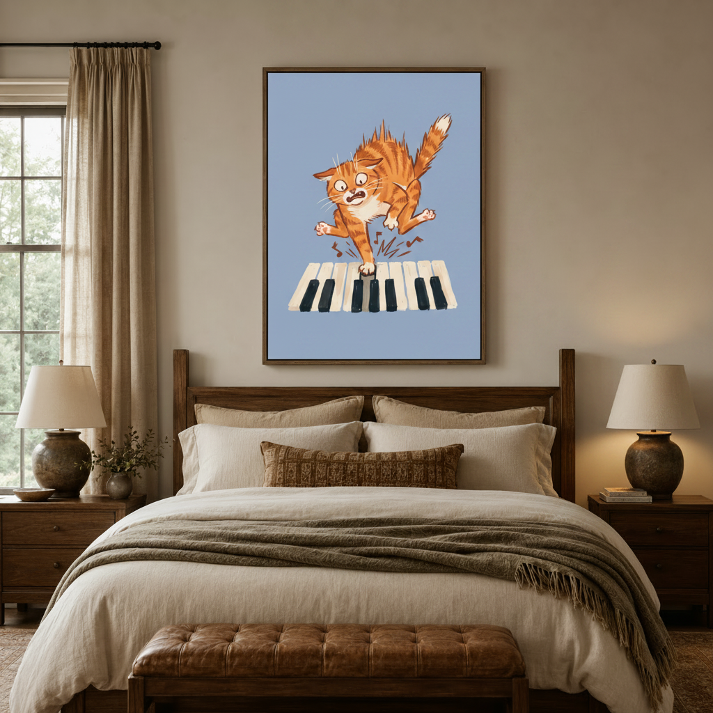 Humorous cat canvas print above a wooden bed headboard in a warm earthy bedroom