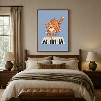Humorous cat canvas print above a wooden bed headboard in a warm earthy bedroom