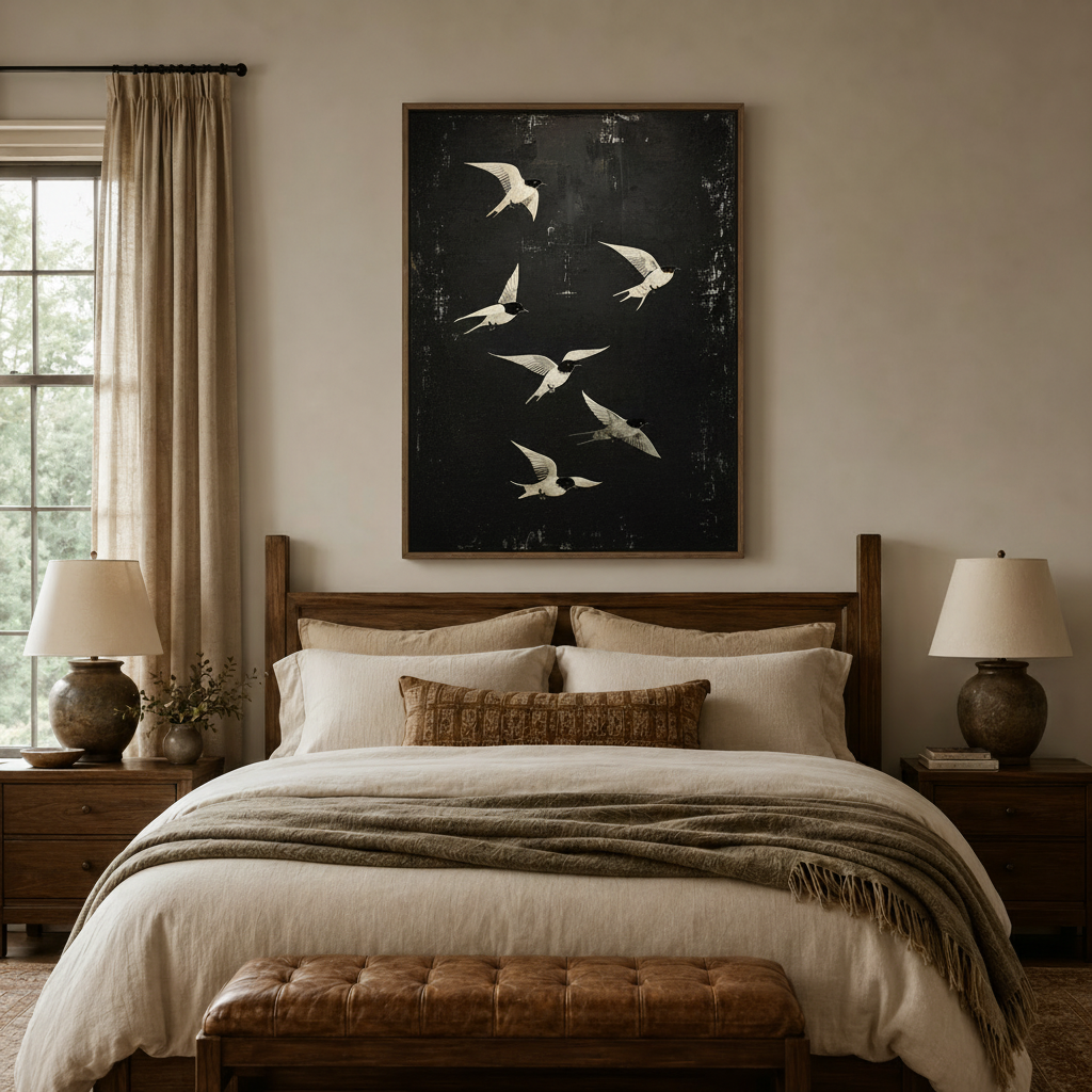 Dark moody bird canvas wall art above a dark wood bed with layered linen bedding in a cozy bedroom