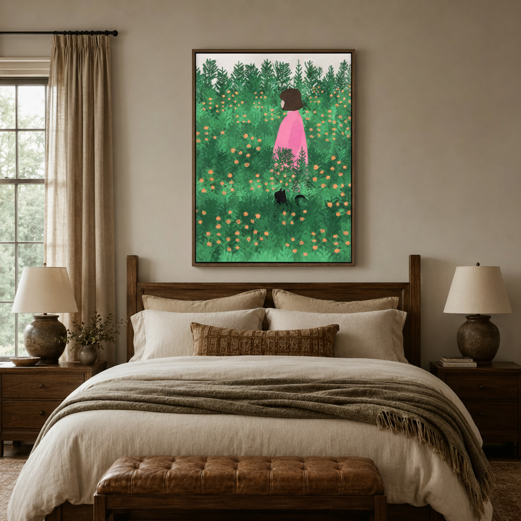 Flower field girl illustration framed canvas art above a bed in a cozy earthy bedroom