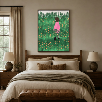Flower field girl illustration framed canvas art above a bed in a cozy earthy bedroom