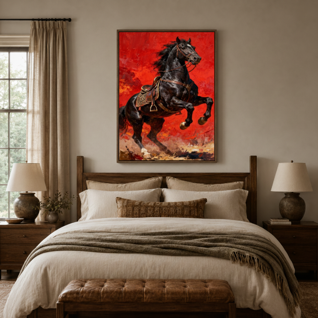 Black horse red sky canvas wall art bedroom detail – close-up of bold oil painting showing black stallion mane and fiery crimson sky texture by Aurewall
