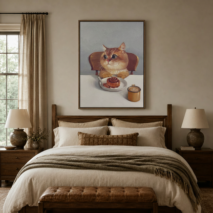 Adorable orange cat with cinnamon roll painting in dark walnut frame above a linen bed