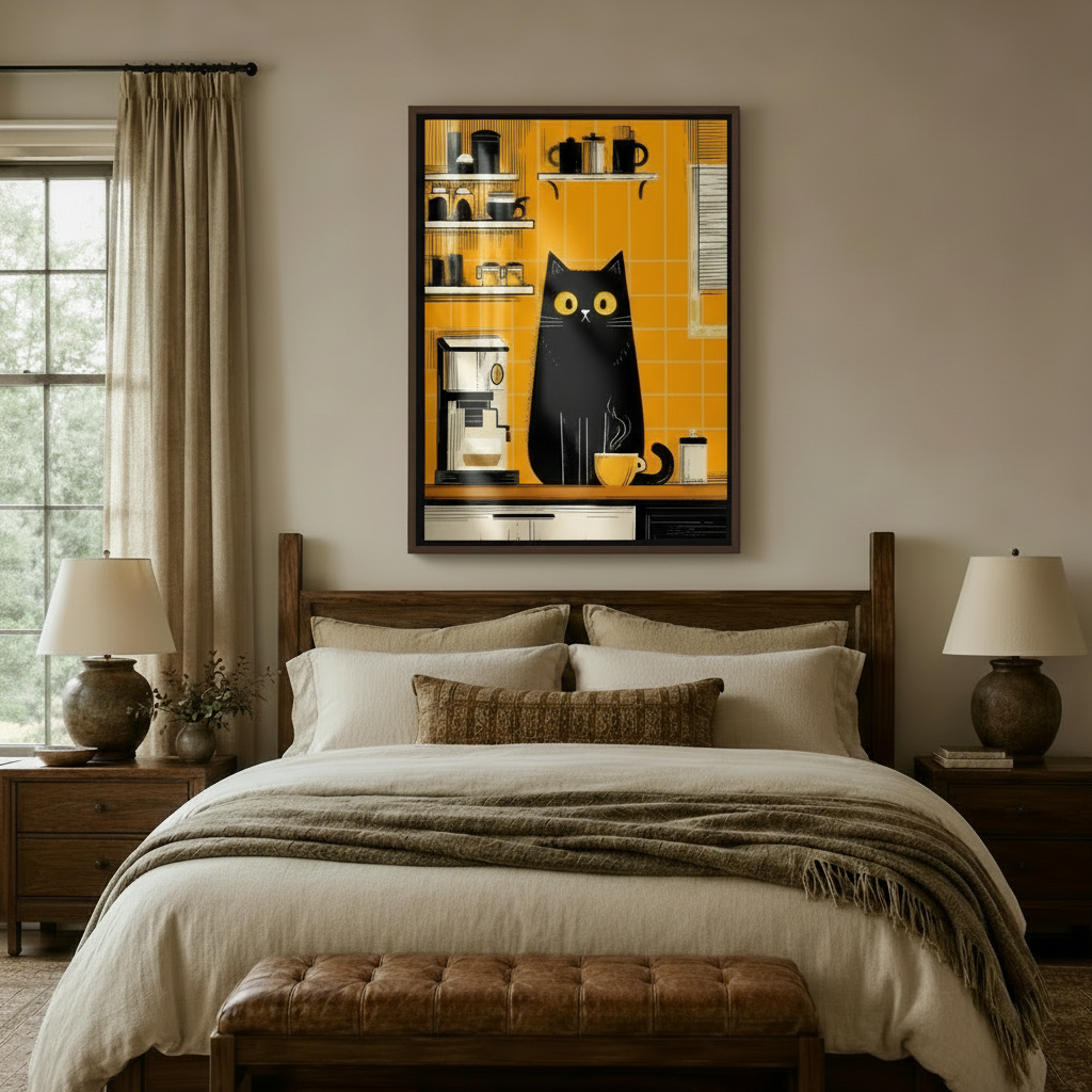 Black cat coffee illustration canvas in dark walnut float frame above a wooden bed in a neutral bedroom